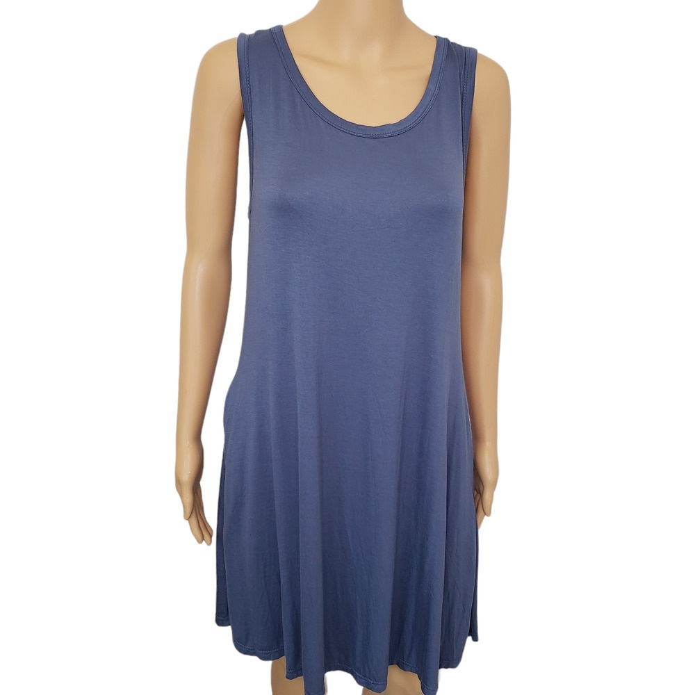 MUNYA5ADD Auselily Blue Casual Midi Dress Pockets‎ Soft Sleeveless Soft Med